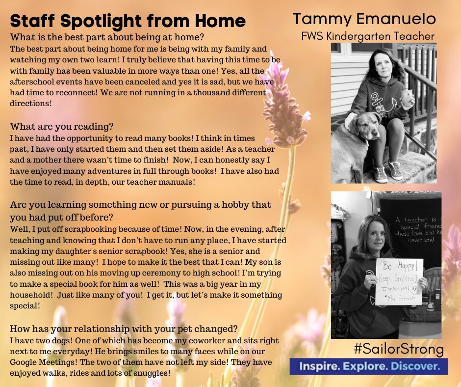 🔦Staff Spotlight Tammy Emanuelo🔦

Take a moment to see how Mrs. Emanuelo has adjusted to teaching from home!

📚 📷 🐶 🐶 📖