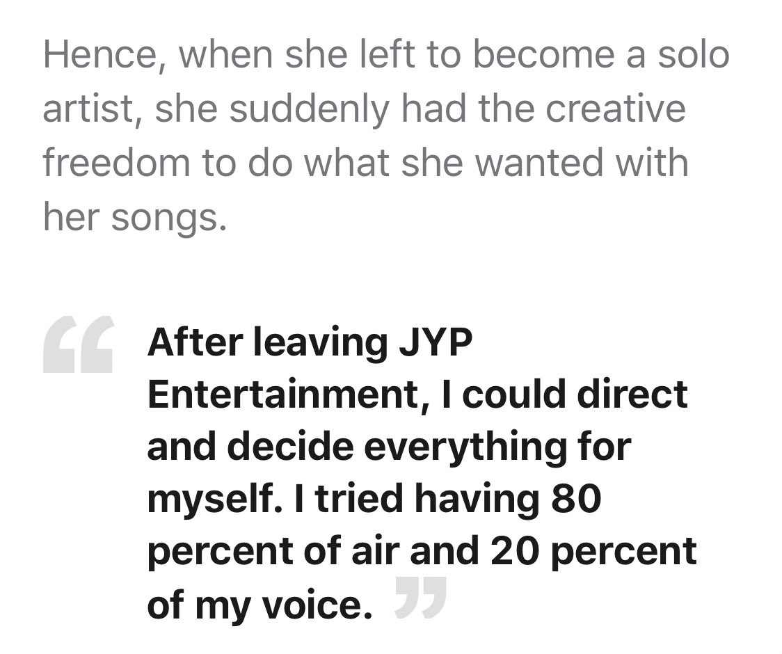 Sumni literally left because of how CONTROLLING JYP and the rest of the company are when it comes to their images and how they perform.And WG was pushed as a “self-made and produced GG” at the end of their career, even though that couldn’t be further from the truth.