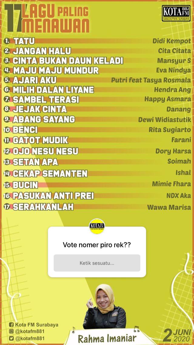 yukk dipeleh dipelehh. diantara #17lagupalingmenawan nang #TUGUPAHLAWAN dino iki seng endi favorite sobat kota? kasih tau <a href="/arinarahmaniar/">Arina Rahmaniar</a> yoo. tak enteni!!