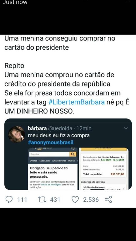 FaZeKamai's tweet photo. MANO KKKKKKKKKKK A MENINA COMPROU PELO CARTÃO DO BOLSONARO KKKKKKKKKKKK KRL VSFD #LibertemBarbara #anomymousbrasil https://t.co/HMvDJxfrZG