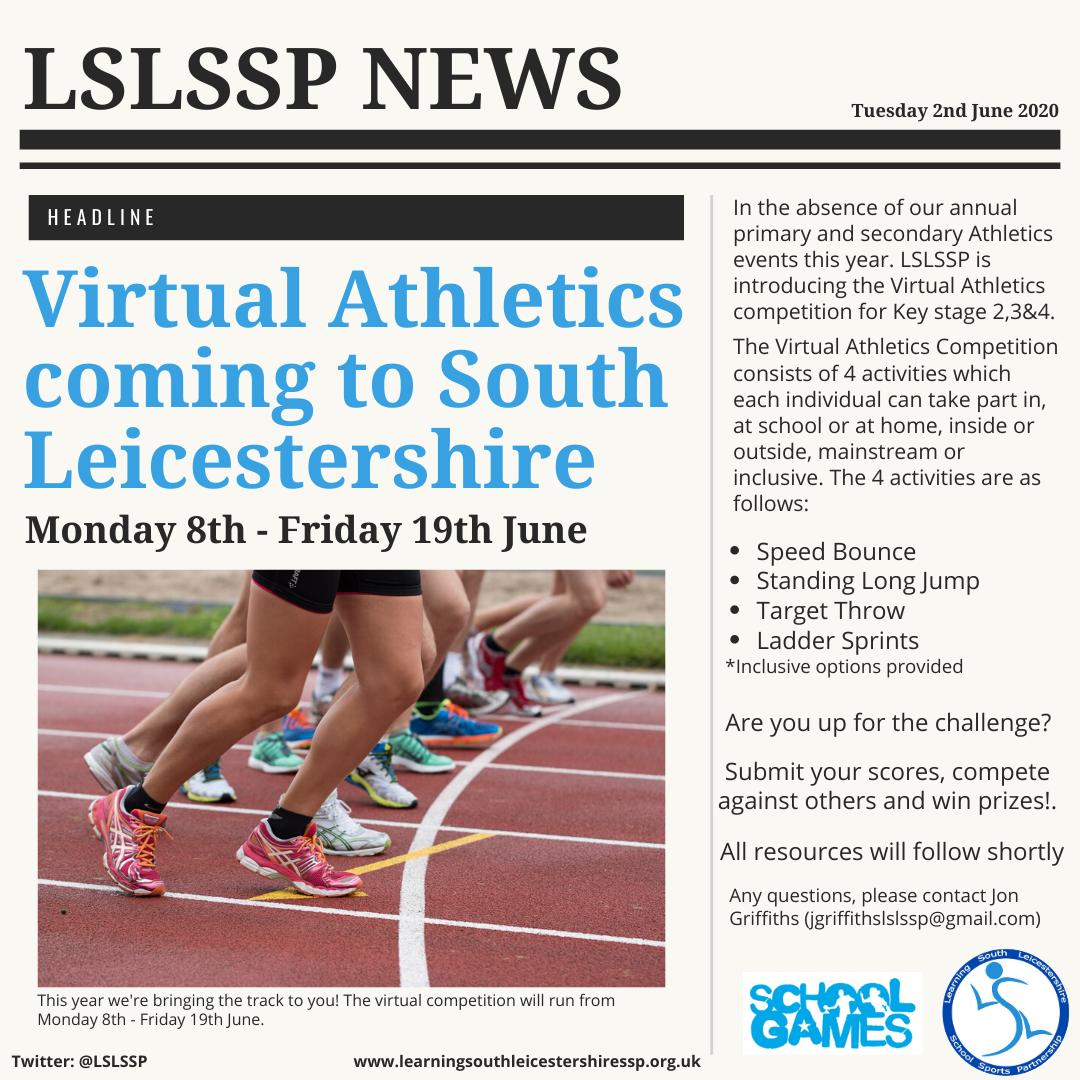lslssp's tweet photo. HOT OFF THE PRESS! The LSLSSP Virtual Athletics competition will be launching Monday 8th June! Whoβs up for the challenge? #HealthyAtHome #Commit2fit20 #virtualathletics https://t.co/915yT25Oug