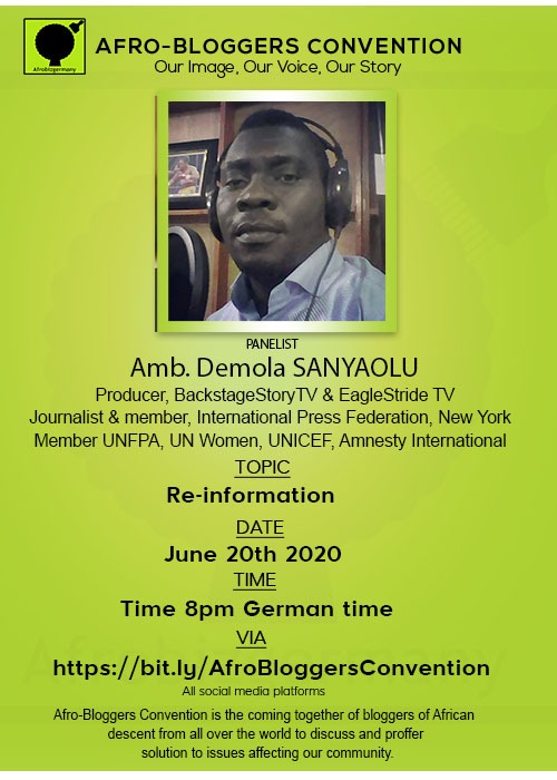 Afrobizgermany's tweet image. Amb. Demola Sanyaolu would be one of our panelist discussing and taking questions live online via Zoom  zoom.us/meeting/regist… June 20th 2020, 8pm at the &quot;Afro-Bloggers Convention&quot; 
@demolasanyaolu @sahwirafaith @gaberil_eze  @kwetufilm @erickabera @drumarjohnson @njayuk