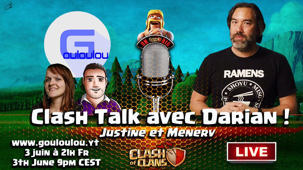Clash Talk Avec Community Manager <a href="/ClashofClans/">Clash of Clans</a> 

<a href="/Devourlick/">Darian Vorlick</a> &amp; @ju_toth seront "interrogés" 🧐😇" demain lors d'un live Question&amp;Réponses 🔥 en présence de <a href="/Menerv_/">Menerv</a> 

Le live sera en 🇫🇷 et 🇬🇧 

🎦 Mercredi 3 juin dès 21h !!

youtube.com/watch?v=wpkeyK…