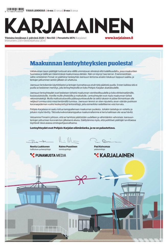 Karjalaisen tiistain etusivu vetoaa voimakkaasti päättäjiin Joensuun lentoliikenteen puolesta. Painahan retwiittausta, jotta sana leviää.