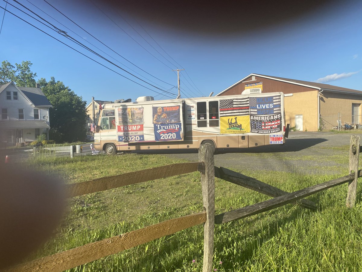 Yesterday I went to the trail I run every day, and this was in the spot where I park. On the other side are “Don’t tread on me” flags, signs and a pop-up tent with guys selling T-shirts. This was not a vendor; it was a statement.