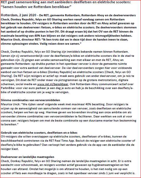 Flinke uitbreiding deelmobiliteit in @rotterdam, als alternatief voor ov met maximaal 40% passagiers. @RETRotterdam werkt samen met @ridefelyx, @gosharingnl, Check (e-scooters) en @Donkey_Republic (fietsen): 1.500 scooters en 1.500 fietsen op 25 ov-knooppunten.