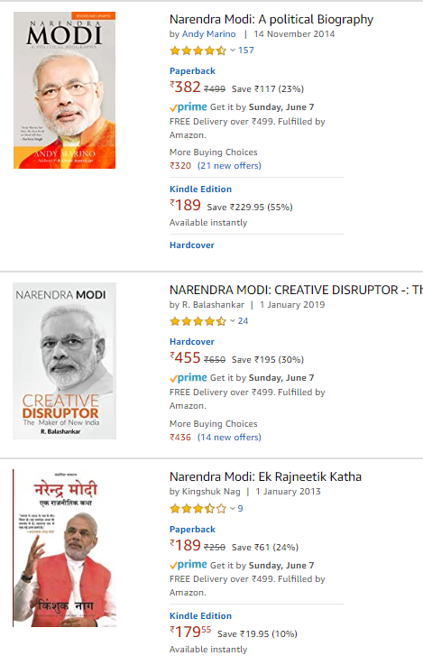 My usual; go to place for a book is Amazon to take a look inside the covers and read the reviews. A search on  http://Amazon.in  for "Modi biography" threw up these 3 books: But not the one by Aggarwala and Horan that was launched on 31 May