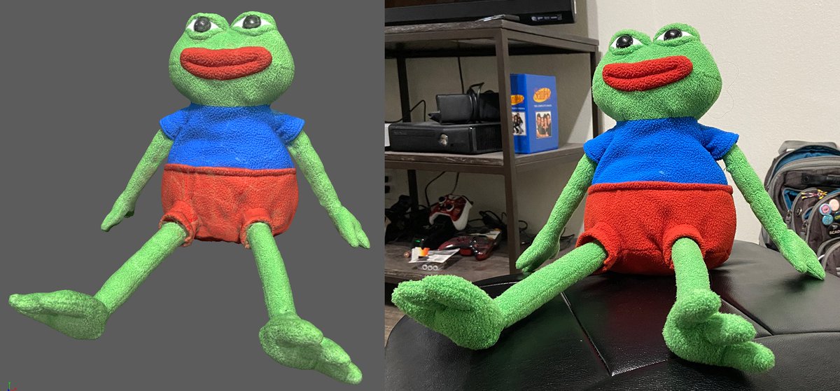 Made huge progress on model polishing today! Scanned my Pepe plush and got the model/texture looking good. Not completely perfect, but good enough for what I'm doing with him. Hardest part is filling in ugly spots of the texture. Time to try and rig this for funny memes.