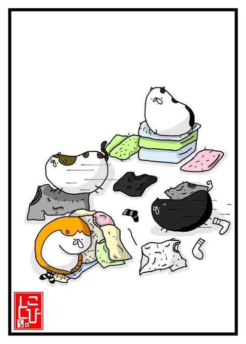 洗濯物を畳んでる時にちょっとした用事を思い出し席を立ってから数分後の‥ネコ#猫好きさんと繋がりたい #猫がいる暮らし #猫のいる幸せ #猫 #イラスト #絵 #洗濯物 #暴動 #毛だらけ 