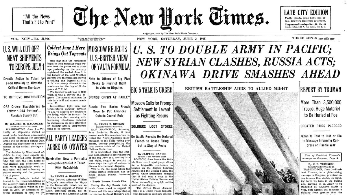 June 2, 1945: U.S. to Double Army in Pacific; New Syrian Clashes, Russia Acts; Okinawa Drive Smashes Ahead  https://nyti.ms/2AvGW8U 