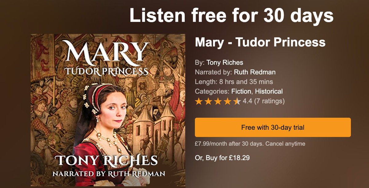 tonyriches's tweet photo. Audiobook: Mary - Tudor Princess, narrated by Ruth Redman
Mary Tudor watches her elder brother become King of England and wonders what the future holds for her.
https://t.co/YqmGgQg577 @ruthredman12 #Tudors #HistoricalFiction #audioooks https://t.co/RNWbbjl7rh