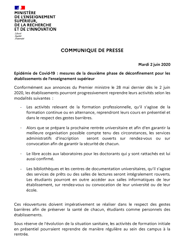 VidalFrederique's tweet photo. [📄Communiqué] Réouverture des BU, accès aux salles informatiques, libre accès aux laboratoires pour les doctorants : nous entamons la phase 2 du déconfinement pour les établissements du supérieur. https://t.co/s3FF8CYFfZ