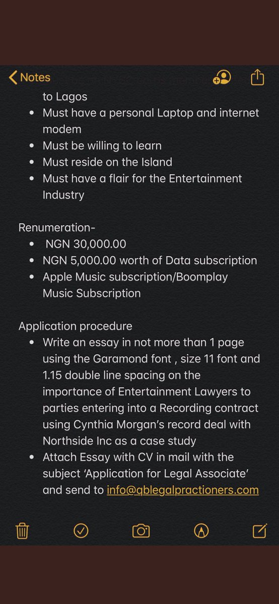 VACANCY:Legal Associate (NYSC, Lagos)Entertainment LawDetails in screenshot.RT for awareness