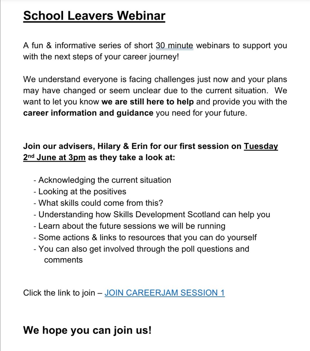 To all school leavers, there is a careers webinar today at 3pm being run by SDS if you have any questions about your next steps join-emea.broadcast.skype.com/sds.co.uk/e0de…