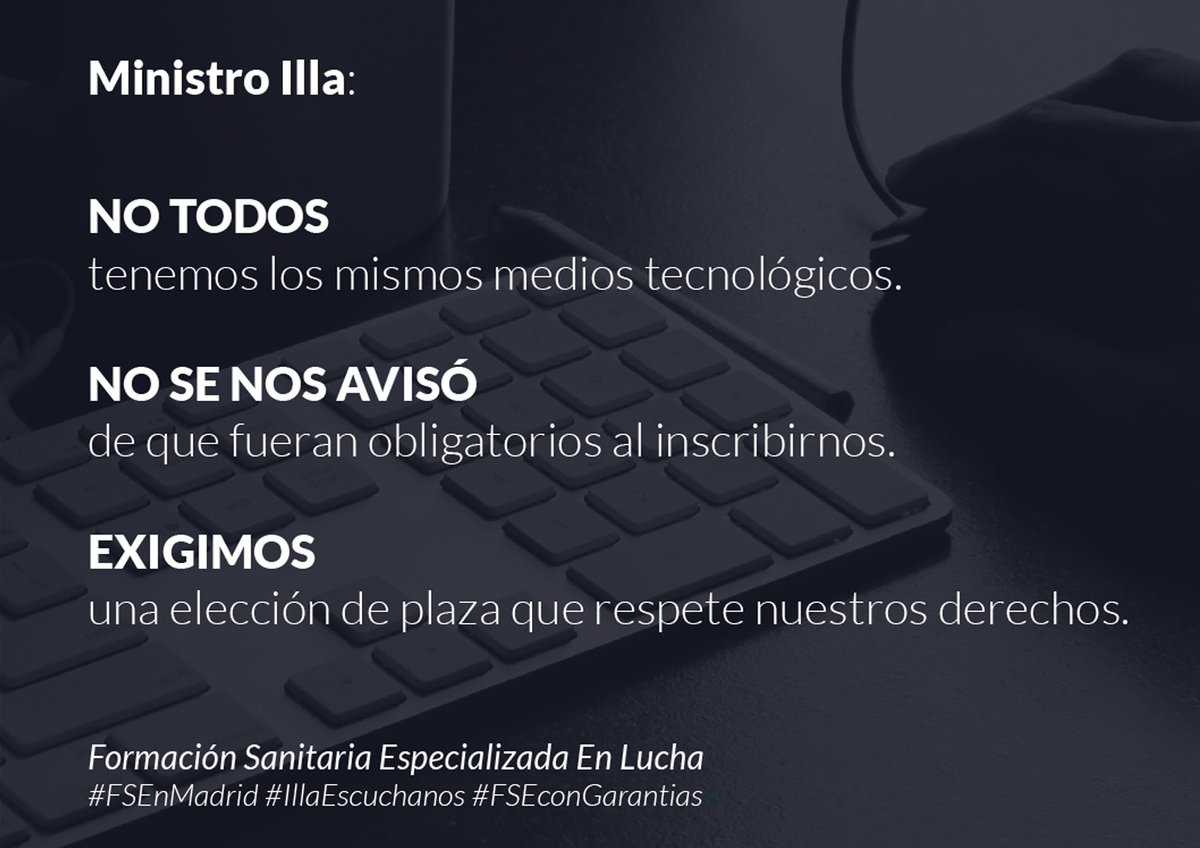 En FSE Seguimos Luchando por una ELECCIÓN de plaza con GARANTÍAS: En la sede del Ministerio De Sanidad (Madrid) con turnos reducidos y medidas higiénicas, porque en JULIO es POSIBLE !!!

#FSEnMadrid 
#IllaEscuchanos 
#FSEconGarantias
<a href="/salvadorilla/">Salvador Illa Roca</a> <a href="/sanidadgob/">Ministerio de Sanidad</a>
