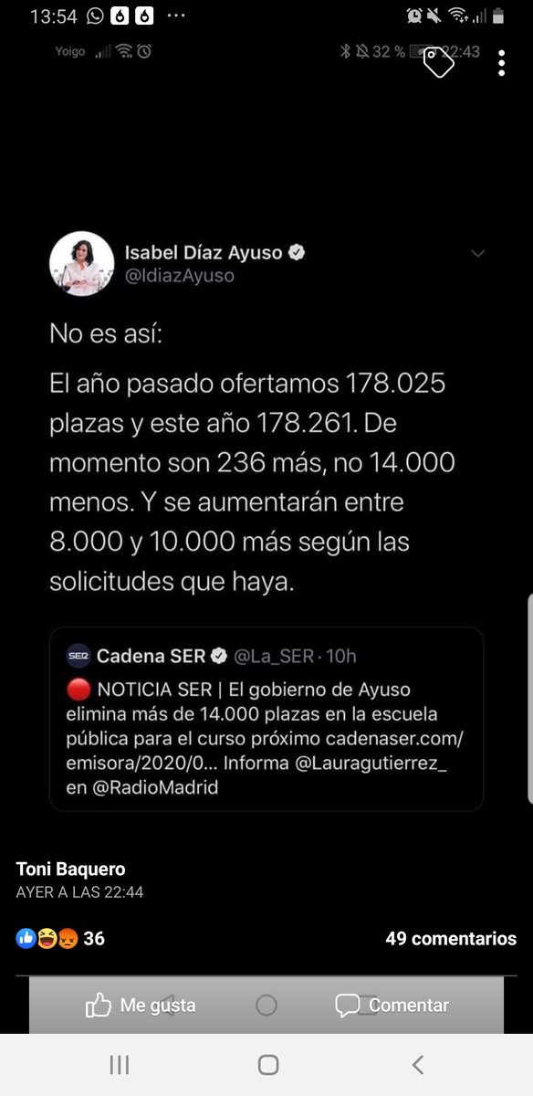 Desmintiendo una noticia de la Cadena Ser. El problema radica en que las plazas a las que se refiere Diaz Ayuso no se saben si son públicas o también están incluidas las de los colegios concertados. Transparencia por favor. ¿Verdades a medias? #narrativadigital2020