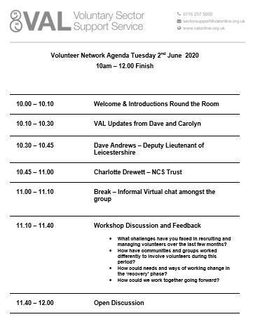DaveCliffeLeics's tweet photo. We had a fantastic #Volunteering Network and Learn Session on Zoom this morning. Thanks to all who attended and special thanks to speakers Dave Andrews, Deputy Lieutenant of Leicestershire and Charlotte Drewett from @NCS @Carolynjn_VAL  @AnnaB_VAL @valonline #VolunteersWeek2020 https://t.co/UTpDla8O7P