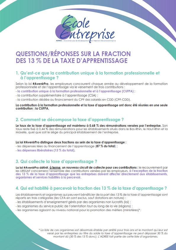 ADREEetVOUS's tweet photo. 📍Découvrez le question-réponse 📋sur la fraction des 13% de la #taxe d'#apprentissage de l'#ADREE : Comment se décompose la taxe d’apprentissage ? Qui la collecte ? Comment est-elle calculée ?👉https://t.co/5navXpUQOz
Vous pouvez nous soutenir jusqu’au 1/07/2020 @CheppeP @medef https://t.co/C3siIw7Vt9