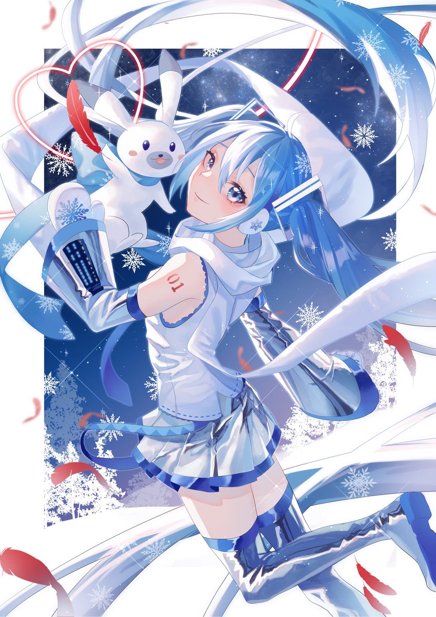 hatsune miku ,rabbit yukine ,yuki miku 1girl skirt blue hair white scarf scarf blue eyes twintails  illustration images
