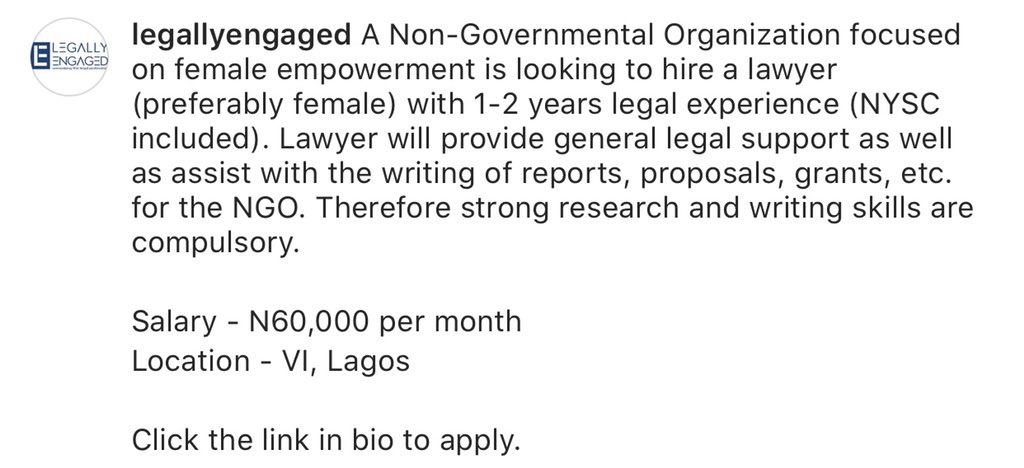 VACANCY: Lawyer, VI, Lagos.1-2 yrs experience with strong research and writing skills. https://linktr.ee/legallyengaged 