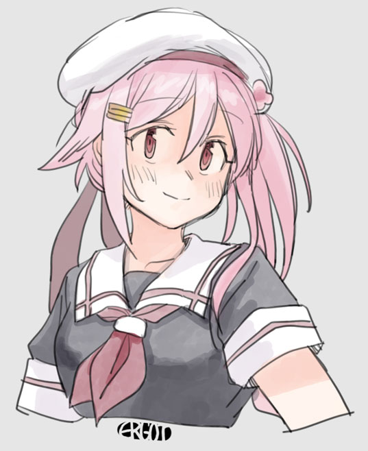 harusame (kancolle) 1girl pink hair solo hat school uniform upper body serafuku  illustration images