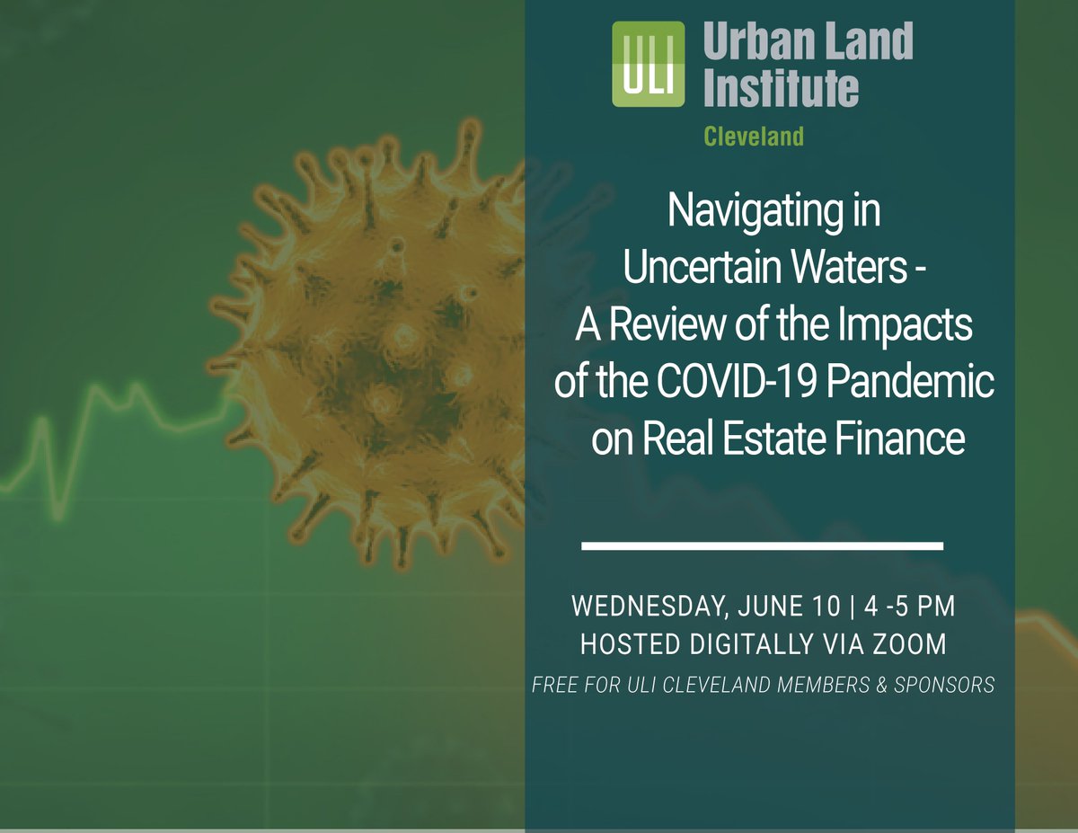 Join #ULICleveland on Wednesday, June 10th at 4:00 pm for a panel discussion on the impacts of the COVID-19 pandemic on real estate finance. Learn more online here: cleveland.uli.org/events/detail/… #realestate #covid #realestatefinance