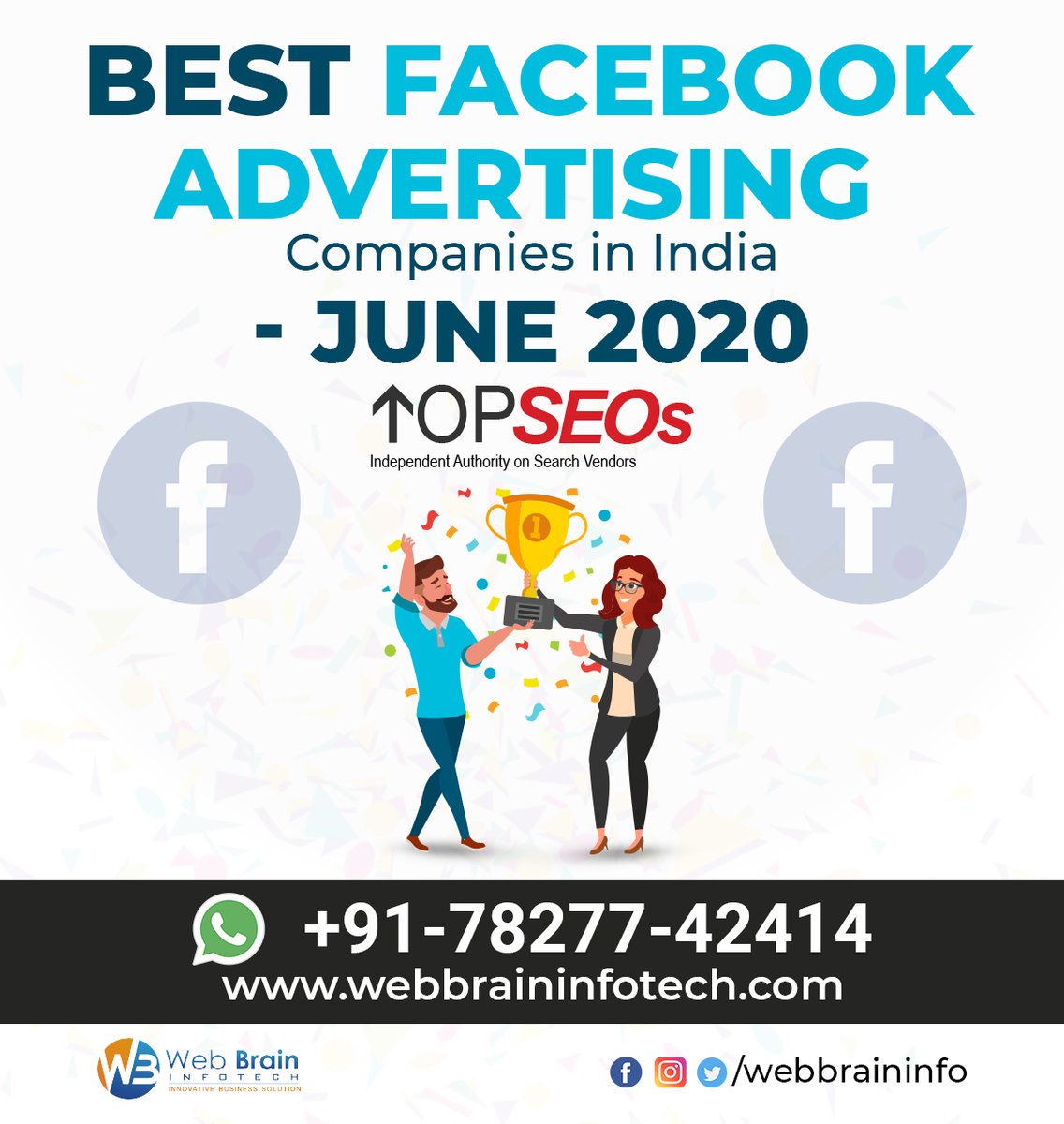We are proud to #announce that we have been recognized as 'Best Facebook Advertising Companies in India - June 2020' by 'TopSEOs'. We have won this #award/ #recognition 2nd consecutive times. We help with #GoogleAdWords, #Facebookadvertisements, #PPCcampaigns, and #displayads.