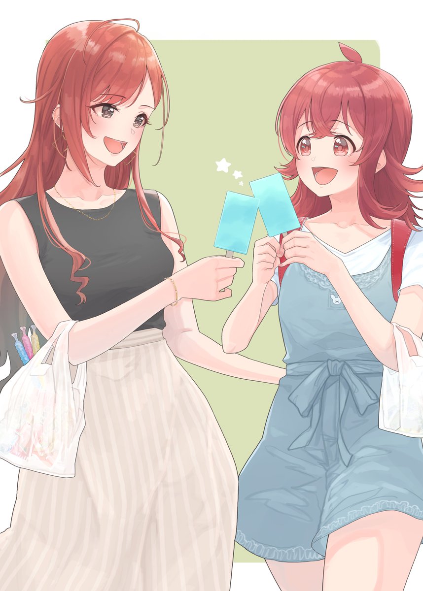 arisugawa natsuha ,komiya kaho multiple girls 2girls red hair bag long hair ahoge smile  illustration images