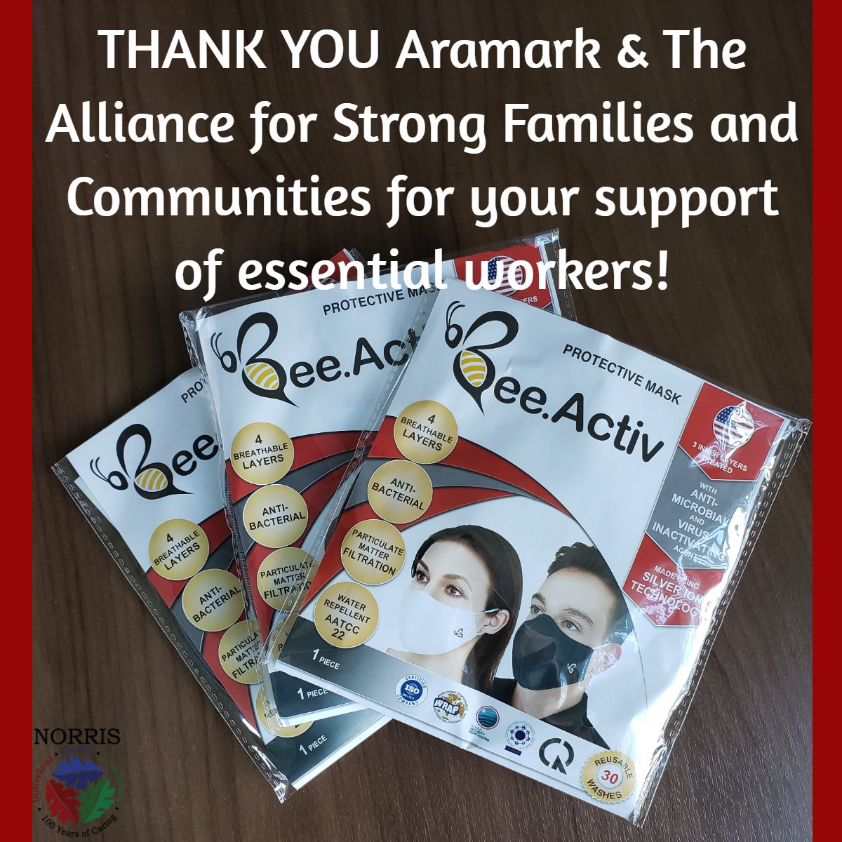 wi_norrisinc's tweet photo. A big SHOUT OUT to @Aramark and the @AllianceNews for your generous donation of masks for Norris' #EssentialWorkers. You are appreciated! @wafca_wi https://t.co/GAuQQPo8Nq
