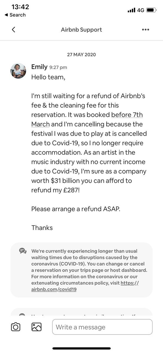 EmilyRawson's tweet photo. Disgusted by @Airbnb_uk retaining their fees on accommodation cancellations due to #COVID19 The company is worth 13 Billion and they’re  retaining fees from people who have NO current income. #airbnb #boycottairbnb #disgusting https://t.co/OUwpLHIZPq