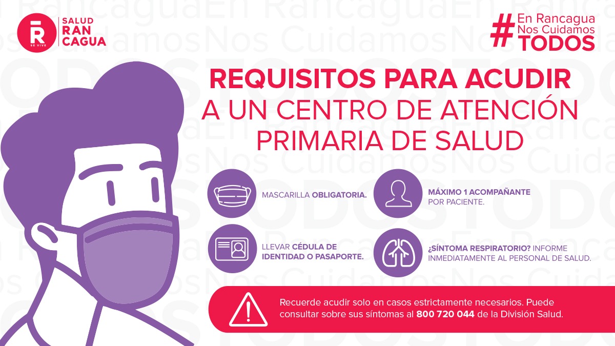 ¿Necesitas asistir a tu Centro de Atención Primaria de Salud? Sigue estas recomendaciones 👆y cuida tu salud. Recuerda asistir solo en casos estrictamente necesarios porque #EnRancaguaNosCuidamosTodos 😷