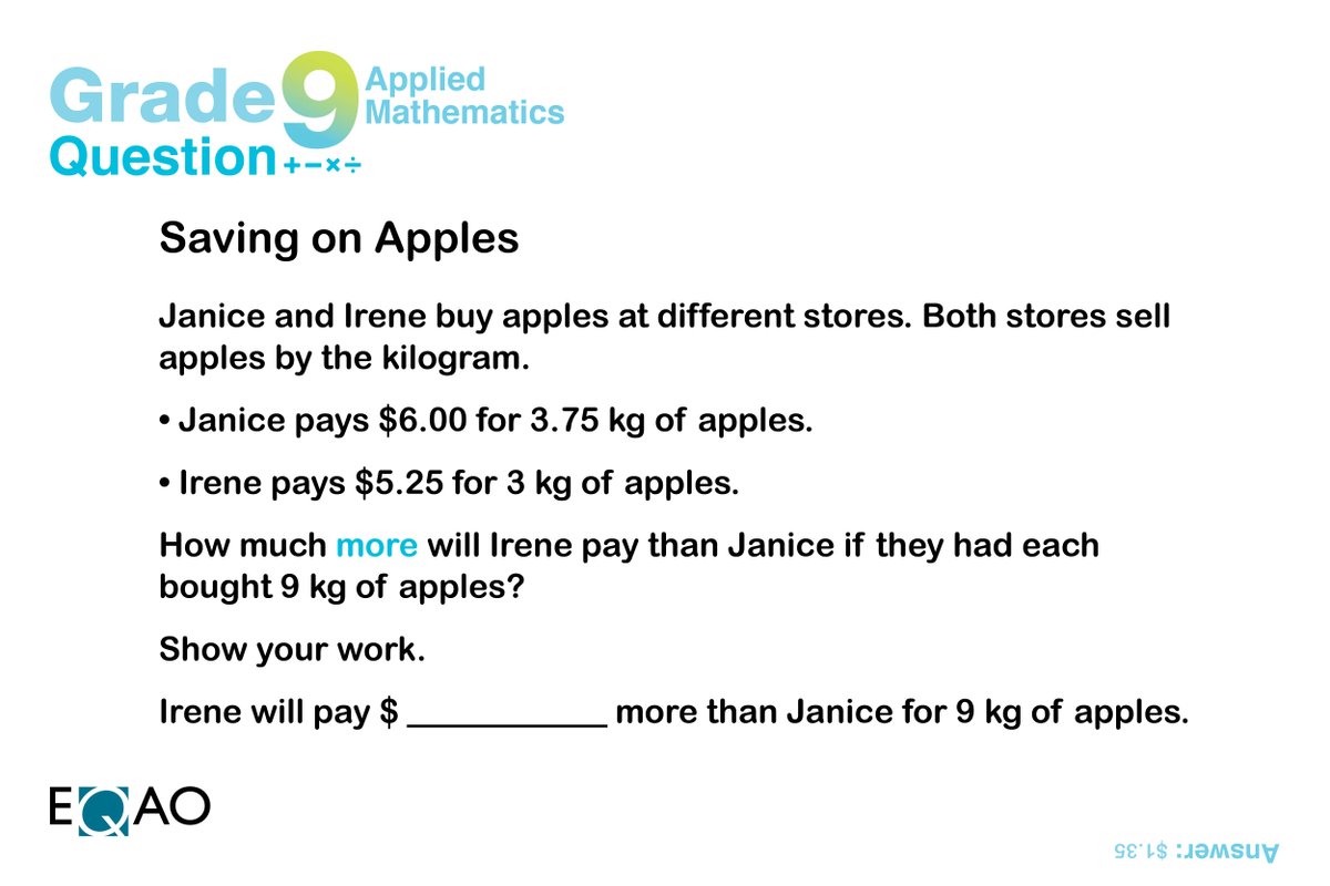 eqao's tweet image. What will Janice and Irene use all these apples for?

Today&apos;s question is from our Grade 9 Assessment of Mathematics (Applied).
#SupportStudentLearning
