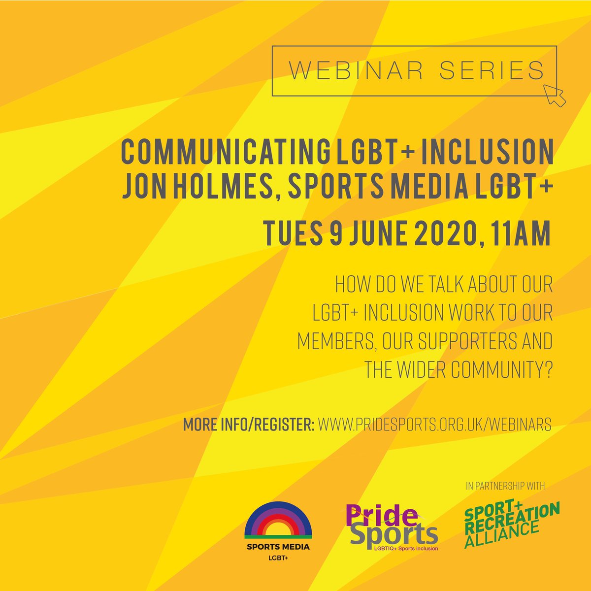 PrideSportsUK's tweet image. Next up in our series of webinars with @sportrectweets for #Pride Month:

“Communicating LGBT+ Inclusion” 

with @jonboy79 from @SportsMediaLGBT 

Only a few places left, register now &amp;gt;&amp;gt;&amp;gt;
pridesports.org.uk/webinars/