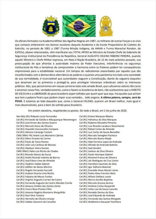 genridauto's tweet photo. A turma de 1987 da AMAN e os antigos companheiros da EsPCEx, num total de 147 patriotas, sendo mais de 100 generais e coronéis, prestam APOIO AO GENERAL HELENO. Prezado Chefe @gen_heleno , estamos juntos nessa caminhada! 🇧🇷 https://t.co/br1lOCRTEc