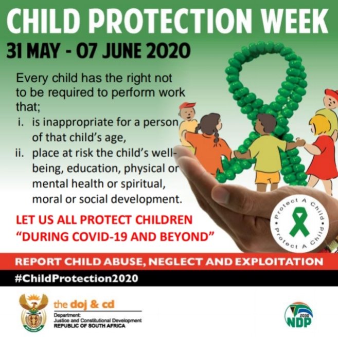 DOJCD_ZA's tweet image. Children's rights should be protected and promoted by all. #ChildProtection2020 #CoronavirusInSA #COVID19SA #StayAtHomeSa #Level3Lockdown