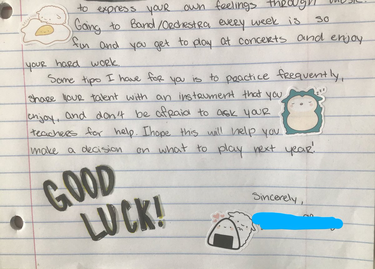 A current 5th grader wrote a letter to 4th graders about joining band. Thank you <a href="/MusicBCPS/">BaltimoreCoMusic</a> for this awesome assignment! <a href="/carrie_gorecki/">Mrs. Gorecki Music (she/her)</a>