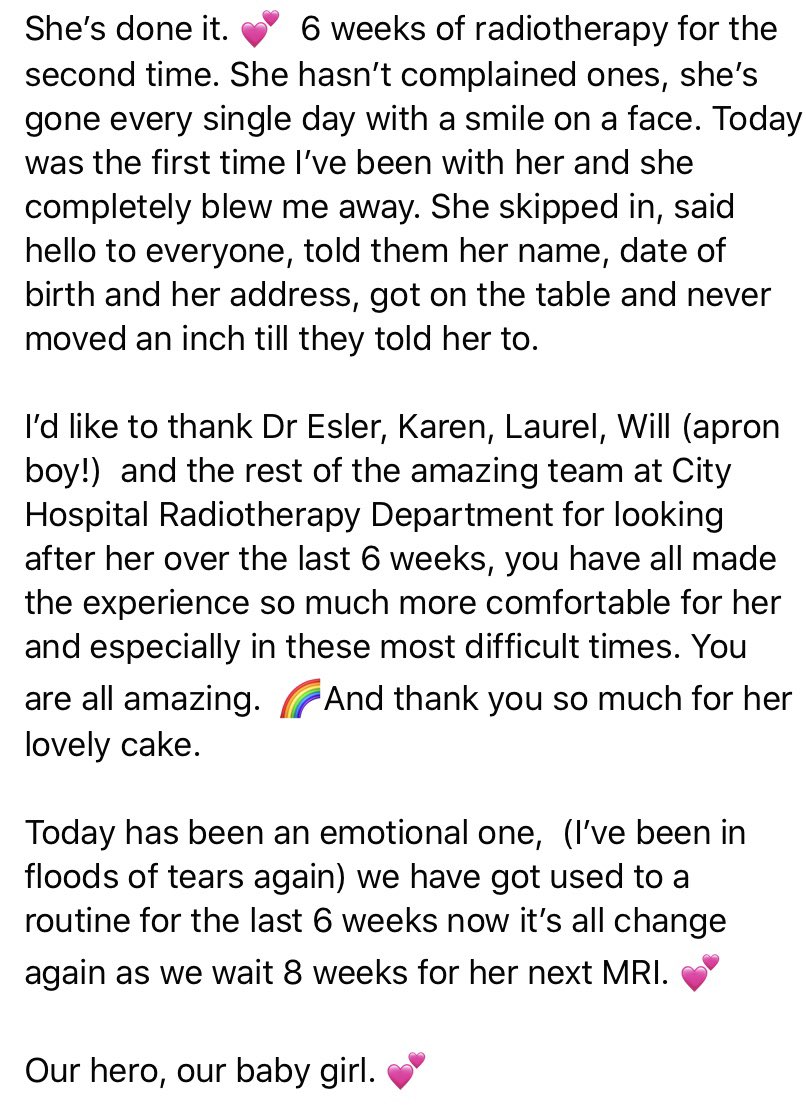 OliviasJourney5's tweet photo. Well @OliviasJourney5 has finished her 6 weeks of #radiotherapy She is one amazing  little girl x https://t.co/c7funy5agI