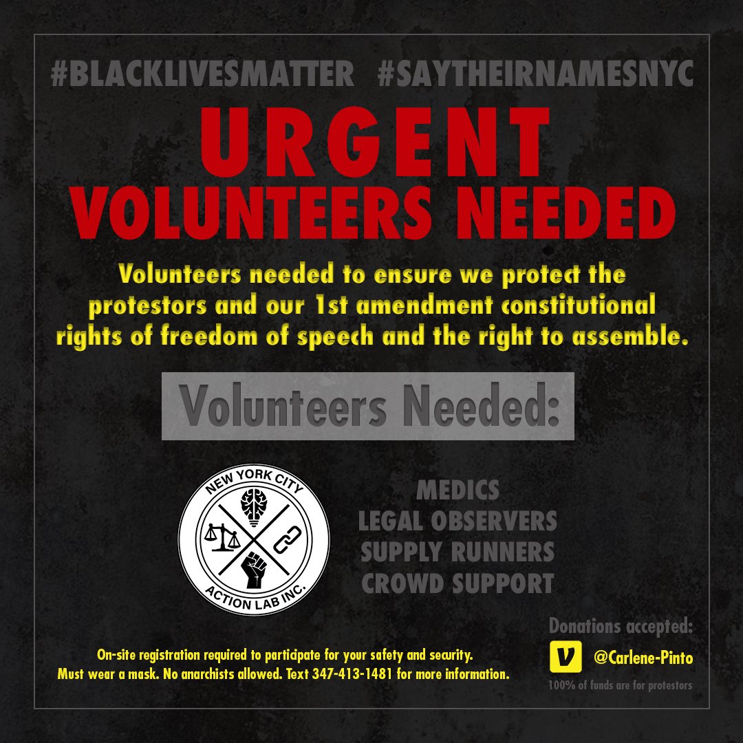 HeyItsMurad's tweet photo. VOLUNTEERS NEEDED to help #ProtectTheProtestors! Join #NYCActionLab to serve as a marshal/legal observer/medic for today’s rally at 1 Police Plaza! Tip my hat to @CarleneNYC for raising 8K to support protestors with gear and supplies. #BlackLivesMatter #JusticeForGeorgeFloyd https://t.co/eWFgiQ56yj