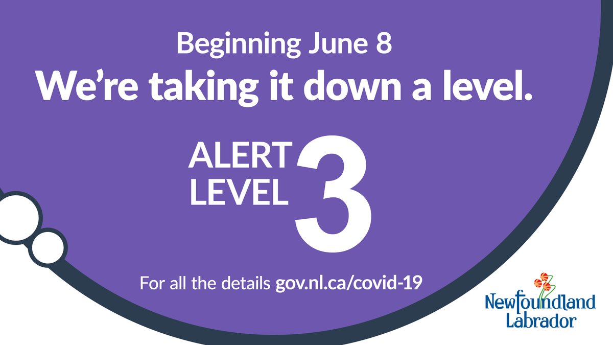 Beginning June 8, we're taking it down a level. For more information on life with #COVID19 in Newfoundland and Labrador, visit gov.nl.ca/covid-19/alert…