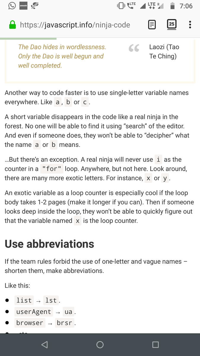 akshat_coding's tweet image. Day 11 
#100DaysOfCode 

After braking for a couple days, got back to #javascript today, went through the first three sections of javascript.info. 

There&apos;s a chapter called Ninja Code, by far the best thing I read today! 😂

javascript.info/ninja-code
