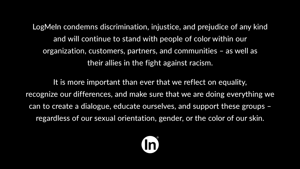 MDubie's tweet photo. Hate has no place in our community, and it has no place at LogMeIn. We must do better as a society and as a company to address it. Our Black colleagues and communities deserve better. #EqualityForAll #BlackLivesMatter https://t.co/YadG95aRCe