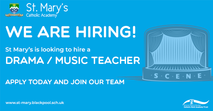 We are recruiting a Drama / Music teacher for September. A great opportunity to join a caring and committed staff supported by TDT Gold standard CPD. Visit st-Mary.blackpool.sch.uk for details.  
@ListenLeadLearn
 
<a href="/LeadingLearner/">Stephen Tierney FRSA FCCT</a>
 
@MathsMrCox