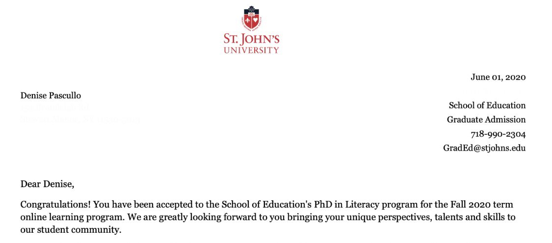 Excited to continue my life-long learning journey at St. John’s University!! #goredstorm #PhD