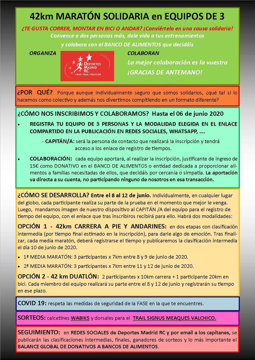 Deportes Madrid Running Club organiza la 1ª 42km Maratón Solidaria por equipos con un coste de 15€ al banco de alimentos que elija el corredor. fororunners.es/noticias/depor…