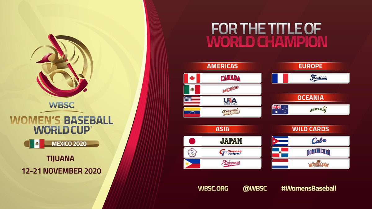 WBSC's tweet image. BREAKING: The WBSC Women's Baseball World Cup will be held from 12-21 November 2020 in Tijuana, Mexico🇲🇽 !!

📰 wbsc.org/en/news/wbsc-w…

La Copa Mundial de Béisbol Femenino WBSC comenzará el 12 de noviembre en Tijuana, México🇲🇽 
📰 wbsc.org/es/news/wbsc-w… #womensbaseball