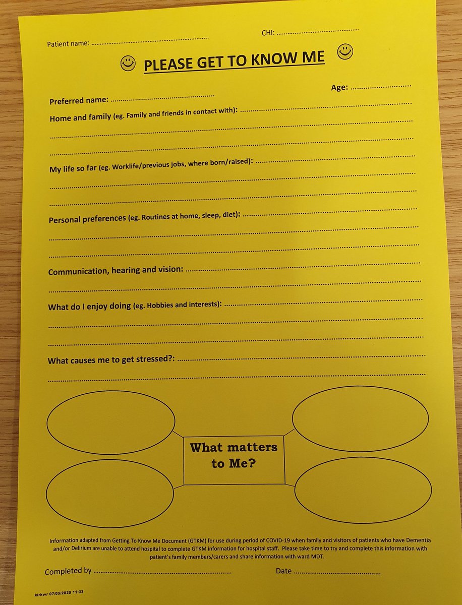 OTs at Woodend are trialling a shortened version of the Getting to Know Me document for patients who have Dementia &/or Delirium  #DementiaAwarenessWeek2020  #connectingpeopleconnectingsupport
 #ProudtobeNHSG #OccupationalTherapy 
#inspiredbyQI
@NHSGrampian
@SOARS_WGH