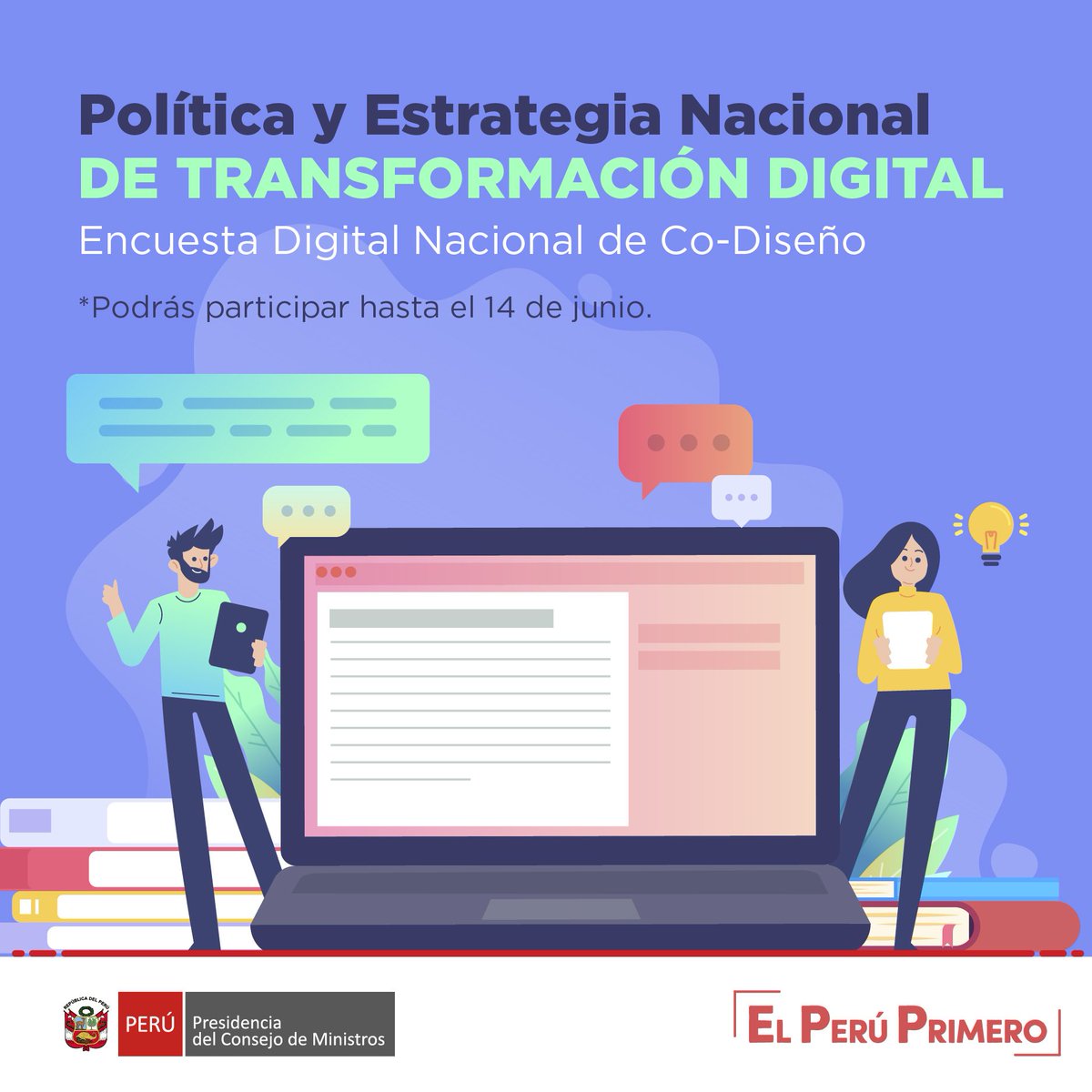 pcmperu's tweet image. 👨🏻‍💻🙋🏻‍♀️ La PCM invita a la ciudadanía, academia, sector privado y público a participar en el co-diseño de la “Política y Estrategia Nacional de #TransformaciónDigital” cuyo objetivo es construir una ciudadanía digital sólida.

📄 Participa: bit.ly/36ySjZH
#YoMeQuedoEnCasa