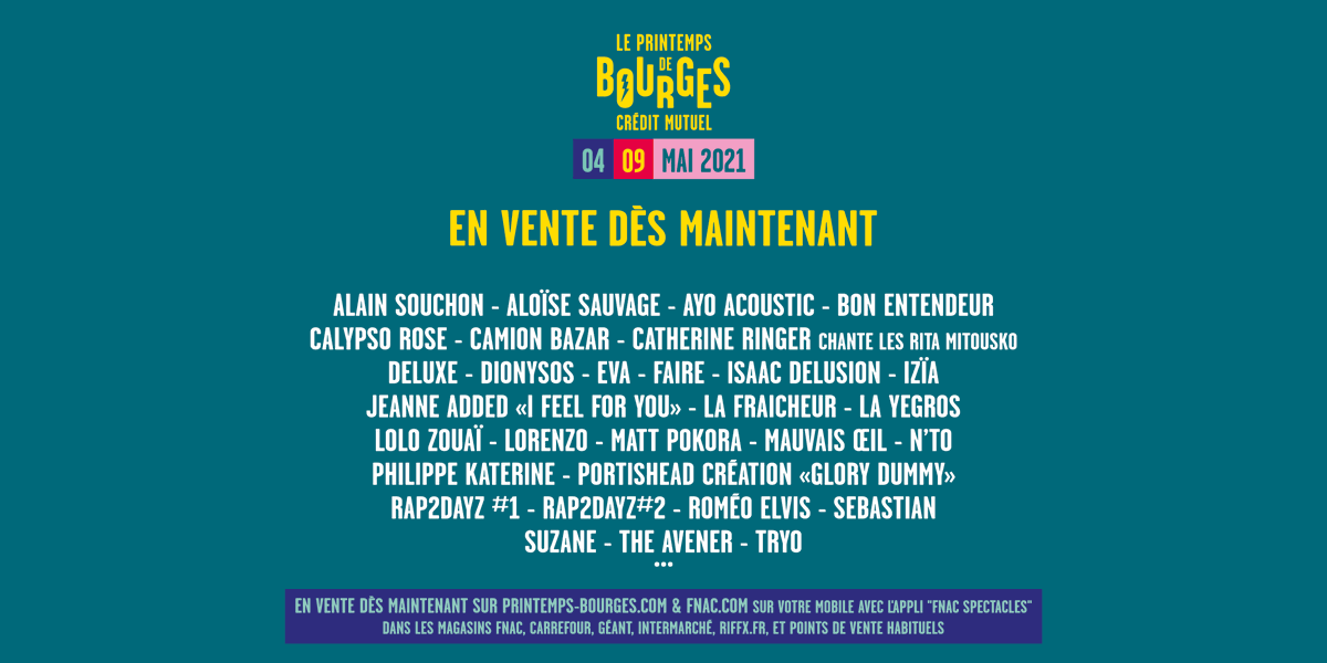 PrintempsDB's tweet photo. Le Printemps de Bourges Crédit Mutuel vous donne rendez-vous du 4 au 9 mai 2021 💥❤️ 
Billetterie et modalités de report / remboursement : https://t.co/ennXn32RZy
Les pass seront en vente dès demain!
#PDB2021 https://t.co/fwZIJuhy4B