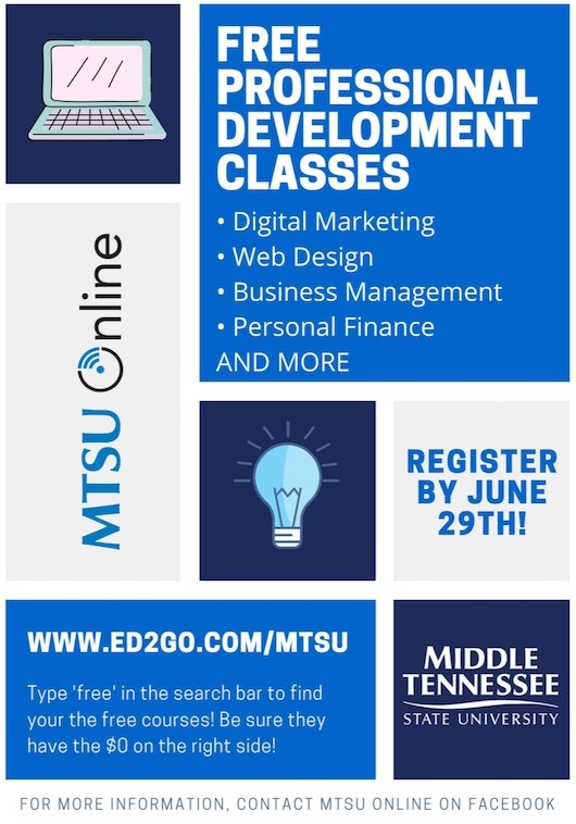 MTSU Online is providing FREE professional development classes this summer. In all, there are 106 free online courses available to you. Follow the instructions on the flyer below to learn more! #MTSUOnline #MTSUTrueBlue @MTSUOnline