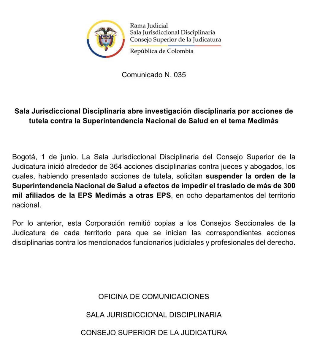Rubio (@octaviorubior) on Twitter photo Me parece que este lánguido comunicado del <a href="/judicaturacsj/">Rama Judicial</a> solo expresa el interés de generar una “mordaza” a los jueces por presión de la <a href="/Supersalud/">Supersalud</a> para que no se pronuncien sobre solicitud que legítimamente hacen muchos trabajadores y usuarios. <a href="/AsonalJudicial/">AsonalJudicialS.I.</a> Me parece que este lánguido comunicado del <a href="/judicaturacsj/">Rama Judicial</a> solo expresa el interés de generar una “mordaza” a los jueces por presión de la <a href="/Supersalud/">Supersalud</a> para que no se pronuncien sobre solicitud que legítimamente hacen muchos trabajadores y usuarios. <a href="/AsonalJudicial/">AsonalJudicialS.I.</a>